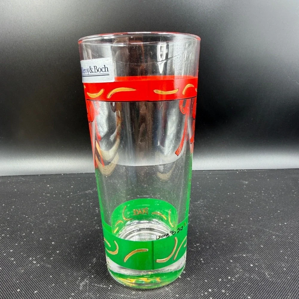 Villeroy & Boch Christmas Highball Glasses Set‎ 4 Red Ribbon Green France NEW